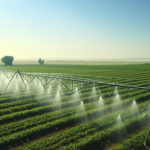 A photo of a drone monitoring agricultural irrigation